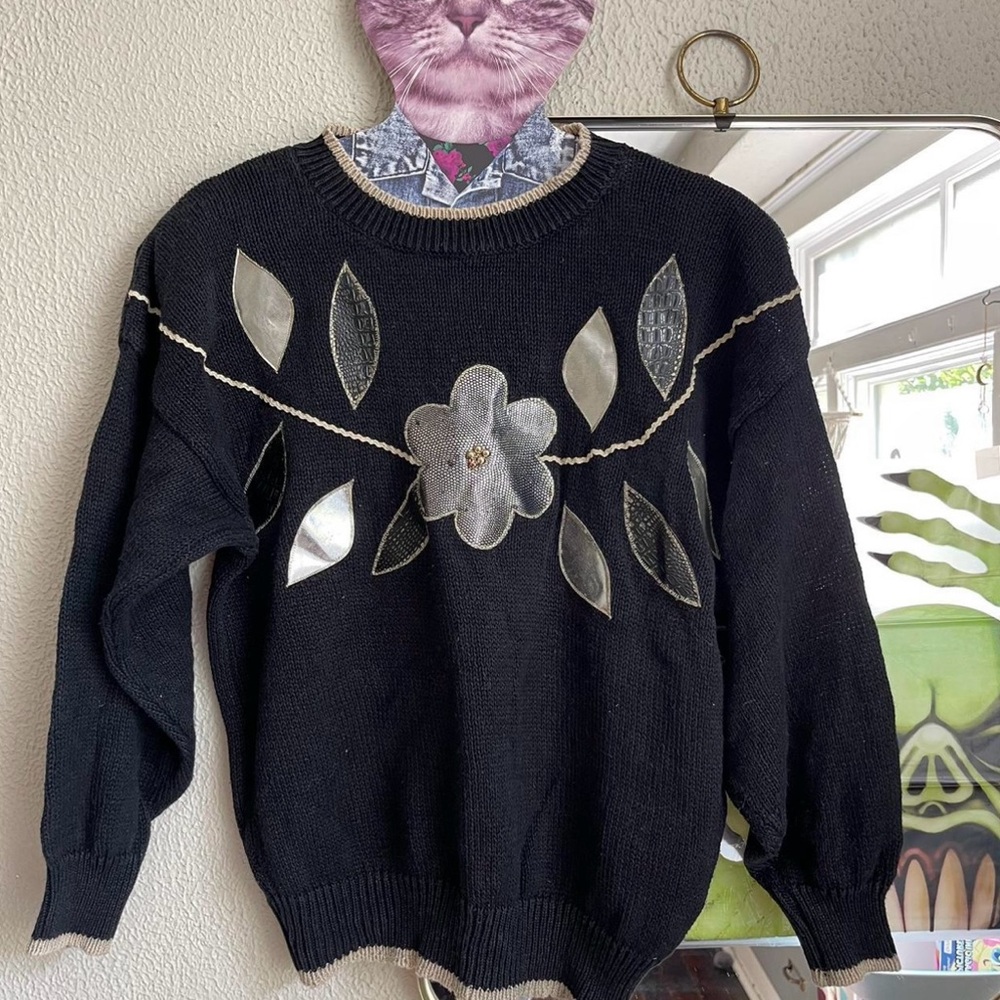 Vintage Black Sweater with Silver Floral Design